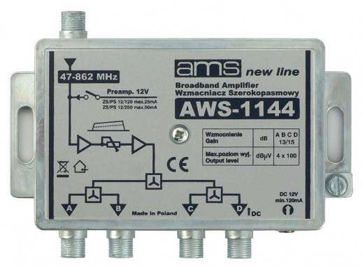 Wzmacniacz antenowy AWS-1144 1 wejście 4 wyjścia 13-15dB