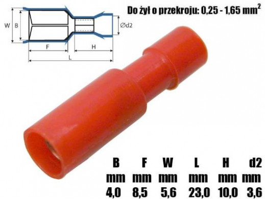 Konektor rurkowy żeński 4mm na kabel 0,25-1,65mm2