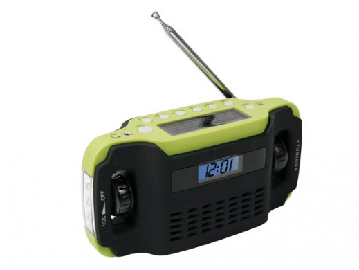 Radio z dynamem i baterią słoneczną, zegar LCD i latarka