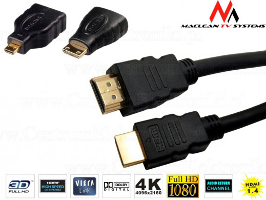 Kabel HDMI-HDMI MacLean, Z kompletem redukcji miniHDMI, MicroHDMI, 1.8m
