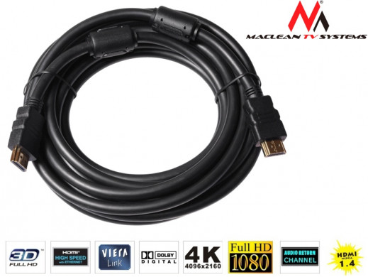 Przewód, kabel HDMI-HDMI Maclean MCTV-525 5m v1.4 gold ethernet 30AWG polybag filtry ferrytowe