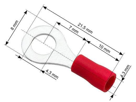 Konektor oczko izolowany L śruba 4,3 kabel 4,3mm czerwony