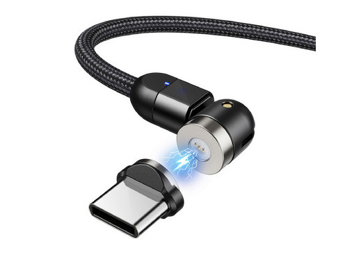 Magnetyczny kabel Maclean, Kątowy, Wspiera Fast Charging, USB C 3w1, 9V/2A, 5V/3A, Nylonowy oplot w kolorze czarnym, 1m, MCE474