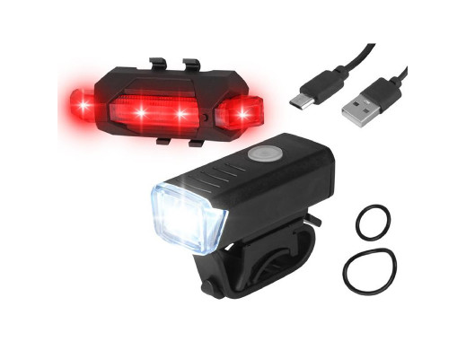 Zestaw lamp rowerowych HY025 przód 1 LED 3 stopnie świecenia + tył 5 LED z akumulatorem IP44 + kabel Micro USB
