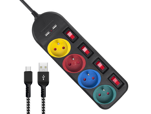 Listwa zasilająca Maclean, przedłużacz 4 gniazda + 2xUSB, z włącznikami, 250VAC/10A, 2.1A 5V, 1.5m, biała, MCE229B + kabel USB M