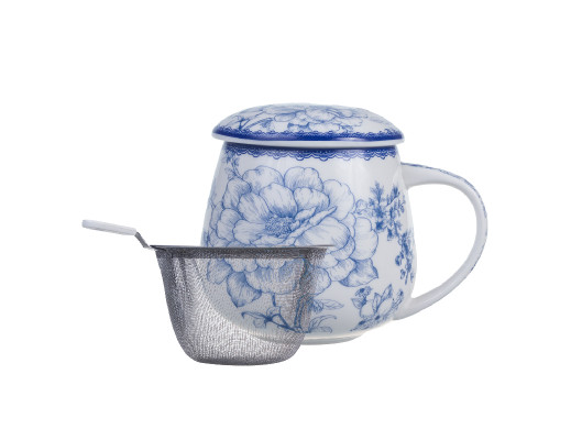 Elegancki kubek porcelanowy z zaparzaczem inspirowany sztuką

