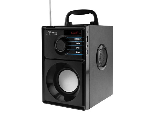 BOOMBOX SILVER - Kompaktowy głośnik Bluetooth stereo z wbudowanym wooferem, 600W PMPO. FM, MP3. Wbudowany akumulator. Pilot
