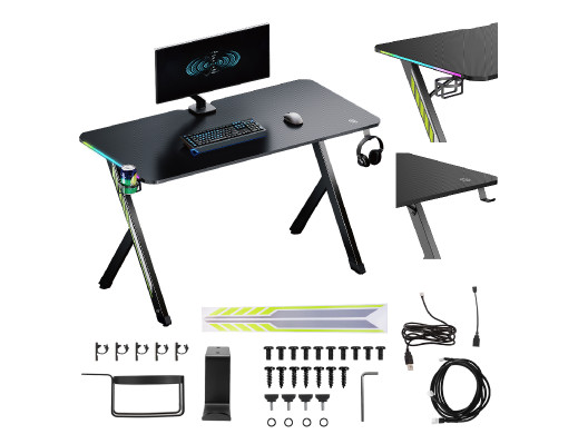 Biurko gamingowe NanoRS, czarne z uchwytem na słuchawki i kubek, podświetlenie RGB, max. 75kg, wymiary 1200x600x750mm, RS102