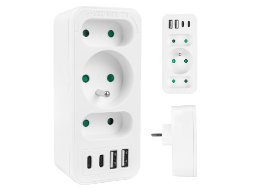 Gniazdko prądowe x3 + 4xUSB Maclean, rozgałęźnik z 3 gniazdami, 2xUSB A, 2xUSB C PD 20W, 1x16A + 2x6A, MCE248 F/W