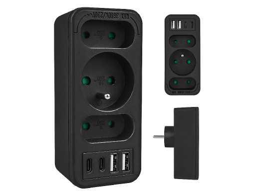 Gniazdko prądowe x3 + 4xUSB Maclean, rozgałęźnik z 3 gniazdami, 2xUSB A, 2xUSB C PD 20W, 1x16A + 2x6A, MCE248 F/B