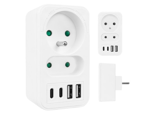 Gniazdko prądowe x2 + 4xUSB Maclean, rozgałęźnik z 2 gniazdami, 2xUSB A, 2xUSB C PD 20W, 1x16A + 1x6A, MCE249 F/W