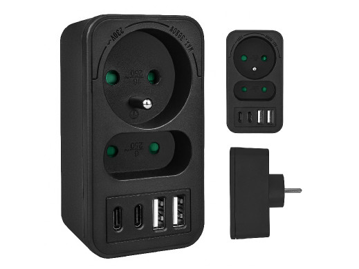 Gniazdko prądowe x2 + 4xUSB Maclean, rozgałęźnik z 2 gniazdami, 2xUSB A, 2xUSB C PD 20W, 1x16A + 1x6A, MCE249 F/B