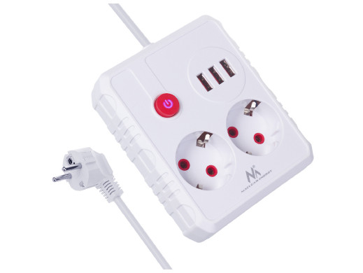Listwa zasilająca Maclean, przedłużacz 2 gniazda + 3xUSB, 110-240V AC  50/60Hz, 2.1A max 2500W, 1.5m, biała, MCE387 W