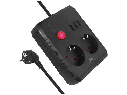 Listwa zasilająca Maclean, przedłużacz 2 gniazda + 3xUSB, 110-240V AC  50/60Hz, 2.1A max 2500W, 3 m, czarna,  MCE388 B