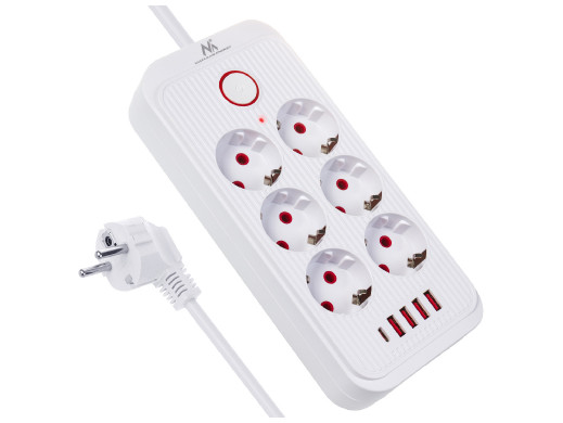 Listwa zasilająca Maclean, przedłużacz 6 gniazd + 4xUSB, 110-240V AC  50/60Hz, 2.1A max 2500W, 1,5 m, biała, MCE389 W