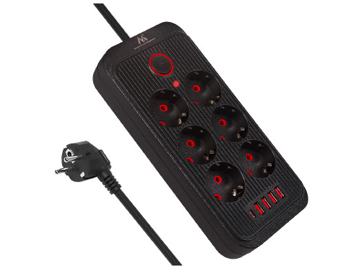 Listwa zasilająca Maclean, przedłużacz 6 gniazd + 4xUSB, 110-240V AC  50/60Hz, 2.1A max 2500W, 3m, czarna,MCE391 B