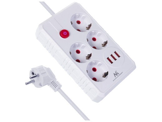 Listwa zasilająca Maclean, przedłużacz 4 gniazda + 3xUSB, 110-240V AC  50/60Hz, 2.1A max 2500W, 1,5m, biała,MCE392 W
