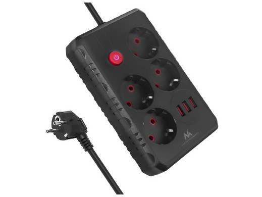 Listwa zasilająca Maclean, przedłużacz 4 gniazda + 3xUSB, 110-240V AC  50/60Hz, 2.1A max 2500W, 3m, czarna ,MCE393 B