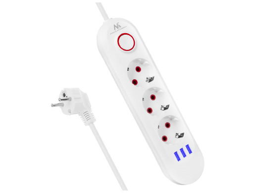 Listwa zasilająca Maclean, przedłużacz 3gniazda + 3xUSB, 110-240V AC  50/60Hz, 2.1A max 2500W, 1,5m, biała ,MCE394 W