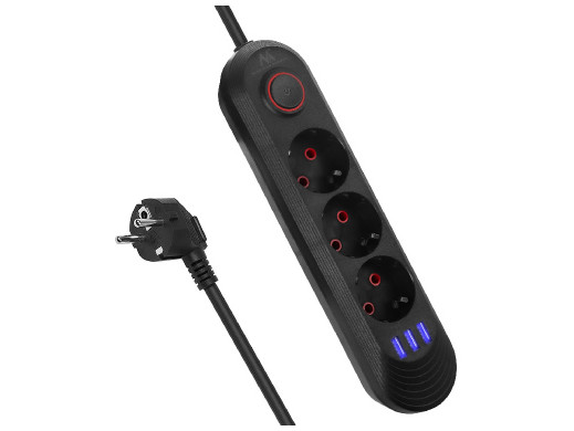 Listwa zasilająca Maclean, przedłużacz 3gniazda + 3xUSB, 110-240V AC  50/60Hz, 2.1A max 2500W, 1,5m, czarna ,MCE394 B