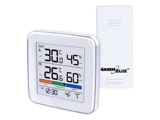 Bezprzewodowa stacja pogody GreenBlue,temperatura + wilgotność IN/OUT, zegar + alarm + data, do wyboru °C / °F, zasięg do 60m, G