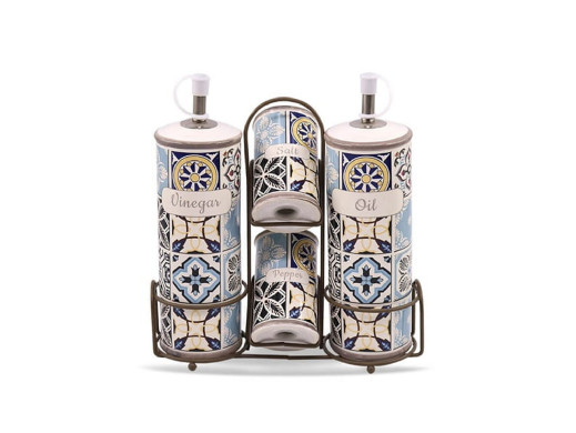 Zestaw ceramiczny do przypraw Holiday in Porto Maestro, 5 elementów, Pojemność 2x100ml i 2x300ml, Z metalowym stojakiem, MR-2000