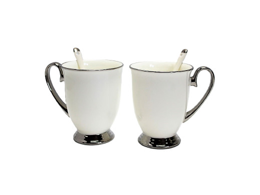 Kubki Białe 2szt Chromowane Uchwyty, Łyżeczki, Porcelana, Eleganckie, Queen Isabel

