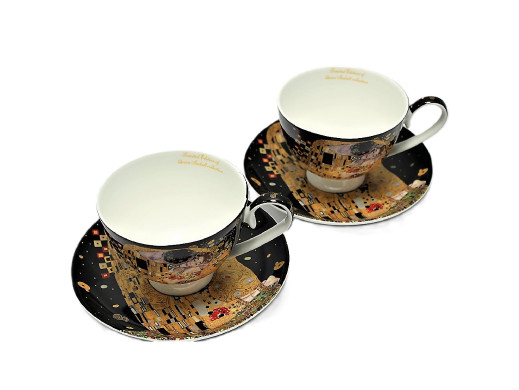 Filiżanki Klimt Pocałunek 2szt Czarne Złote Spodki Porcelana, Queen Isabel

