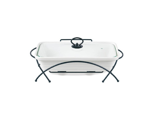 Ceramiczny podgrzewacz do potraw Maestro, Prostokątny, Kolor biały, pojemność 1,7L, Można używać w piekarniku, W zestawie stelaż