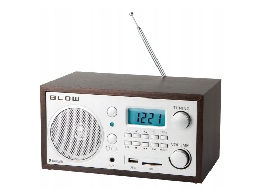 Radio przenośne analogowe Blow, Funkcja Bluetooth, Złącza USB, AUX i SD, Odbiór stacji radiowych AM/FM, Wyświetlacz LCD, Zegar i