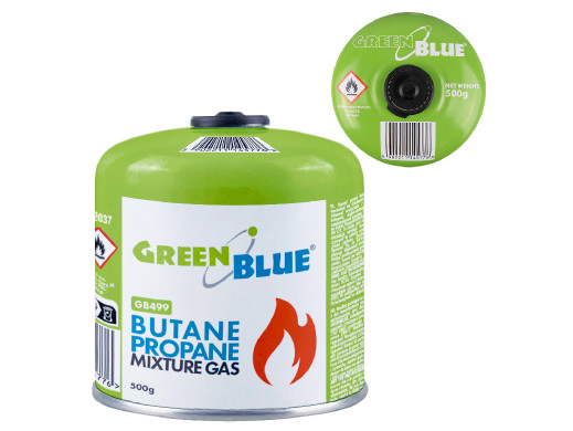 Kartusz gazowy 500g GreenBlue. certyfikat: Pi 0437, zgodny z EN417, butan-propan, zakres -10°c do+ 40°c, zawór 7/16",  GB499