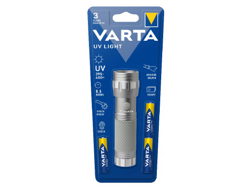 Latarka ręczna UV LED 15638 aluminiowa Długość fali UV 395-400 nm, Technologia Multi LED + baterie w zestawie Varta