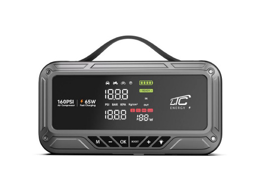 Jump Starter LTC, 12000 mAh, Z kompresorem, latarką i powerbankiem, Wyświetlacz LCD, Moc 65W, Kable i pokrowiec w zestawie, LXJS